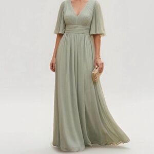 Azazie Green Chiffon Flutter Sleeve Gown Prom Wedding Guest Formal Dress A16